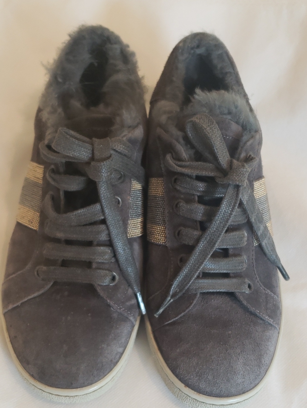 Brunello Cucinelli Women’s Gray Suede Real Fur Lined Sneakers